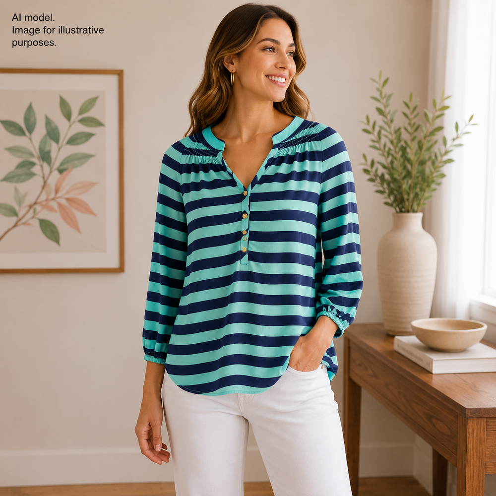 Lilly Pulitzer Shirt Women Medium Blue Aqua Stripe Silk Flowy Smocked Split Neck